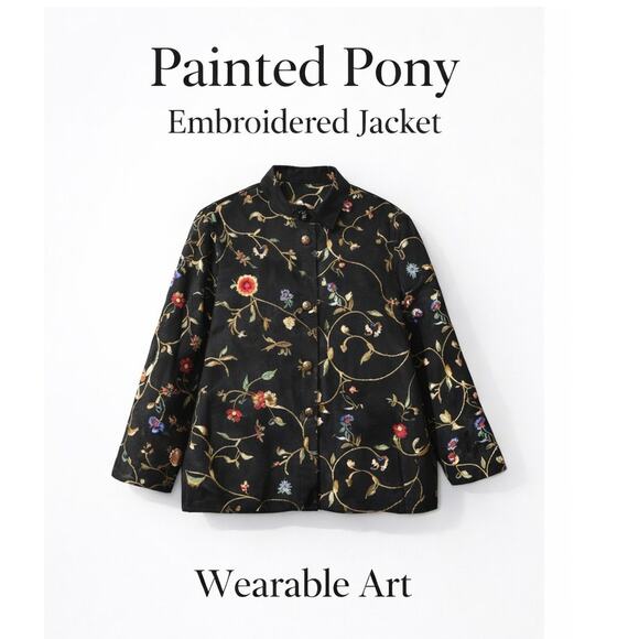 Painted Pony Jackets & Blazers - Painted Pony Jacket Black Embroidered Floral Button Front Artwear Womens Small